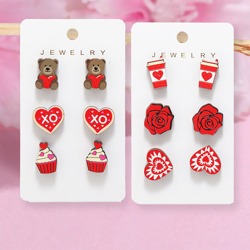 6 Pairs Women's Fashion Cartoon Bear & Rose Stud Earrings